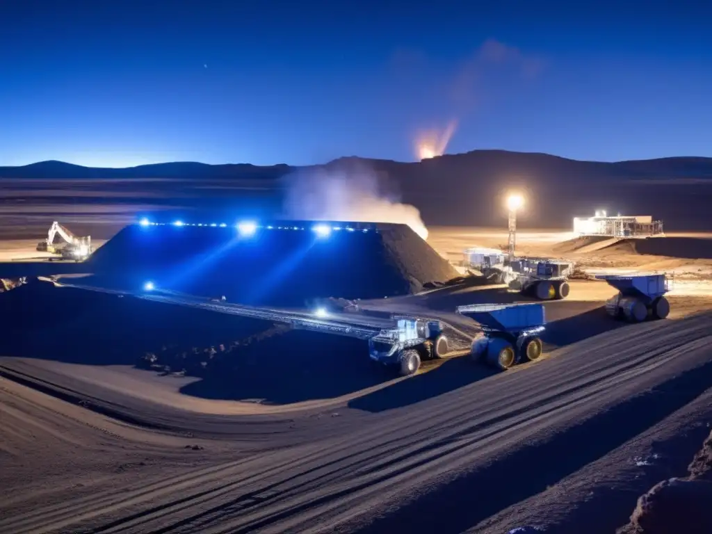 A striking image of an asteroid mining facility in a remote, desolate area, illuminated by blue lights and casting a surreal, barren landscape