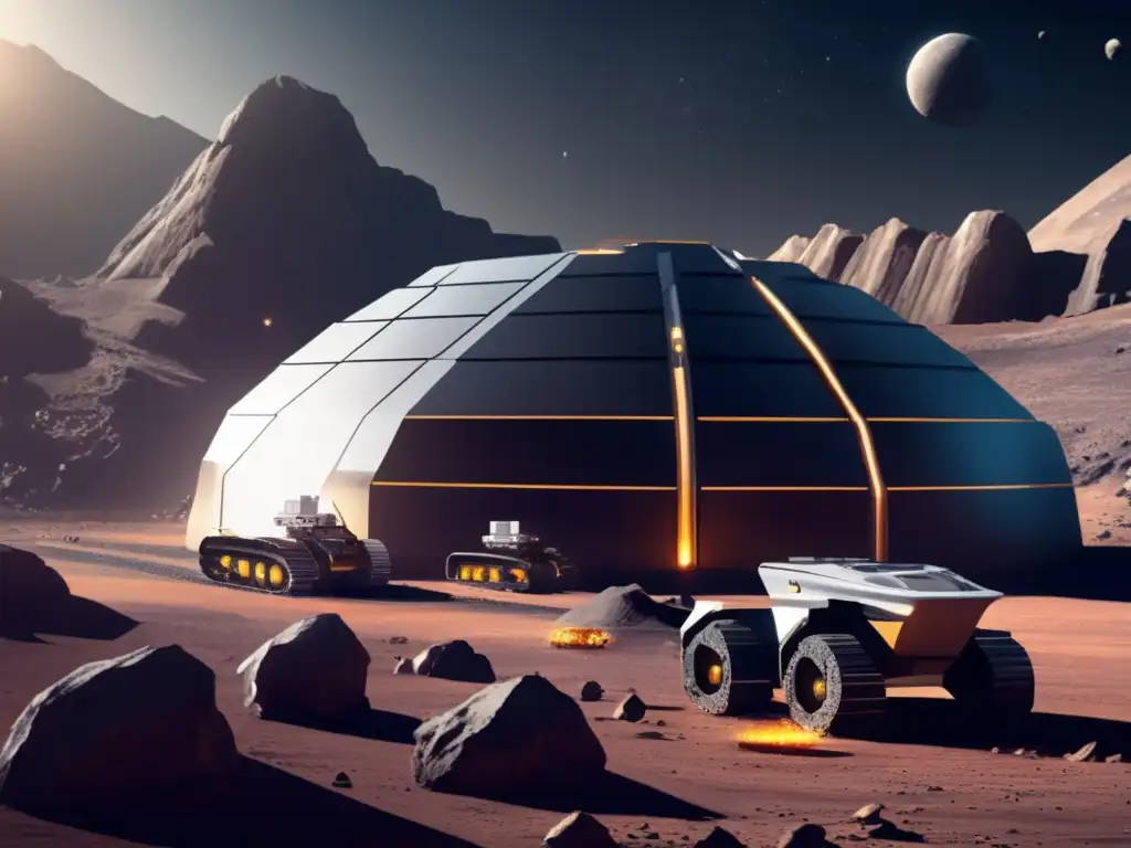 A striking photorealistic depiction of a futuristic asteroid mining facility in action, surrounded by a flurry of mining equipment and machinery, all set against the backdrop of a dust-covered asteroid's rugged terrain