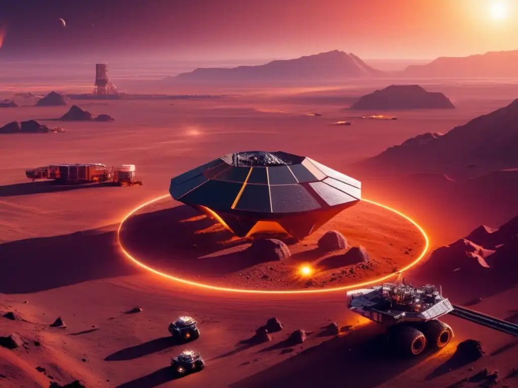 A stunning aerial shot of a massive asteroid mining facility in the heart of the desert