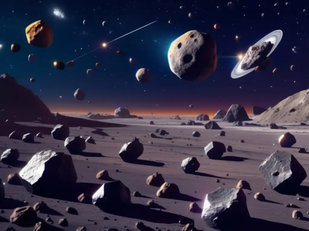 A photorealistic image capturing a fleet of cargo ships mining asteroids in outer space, surrounded by diverse asteroids of multiple sizes and colors