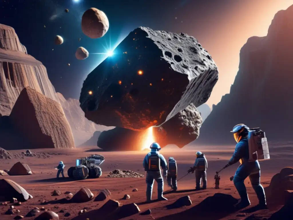 A stunning, photorealistic depiction of asteroid mining in action, with workers skillfully drilling into the surface to extract valuable resources