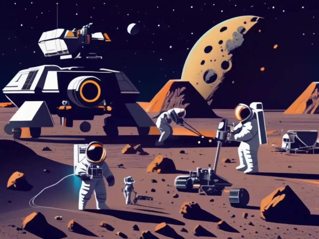 Dangerous excitement abounds in this highly detailed image of an asteroid mining operation in progress