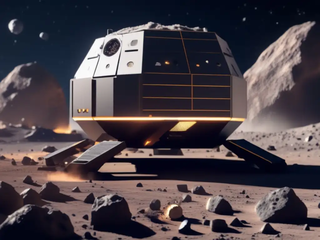 Photorealistic asteroid mining installation in space, surrounded by asteroid dust and debris