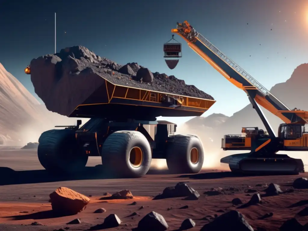 A sprawling asteroid mining operation unfolds on a massive, volatile asteroid, with towering cranes, drills, and transports at work