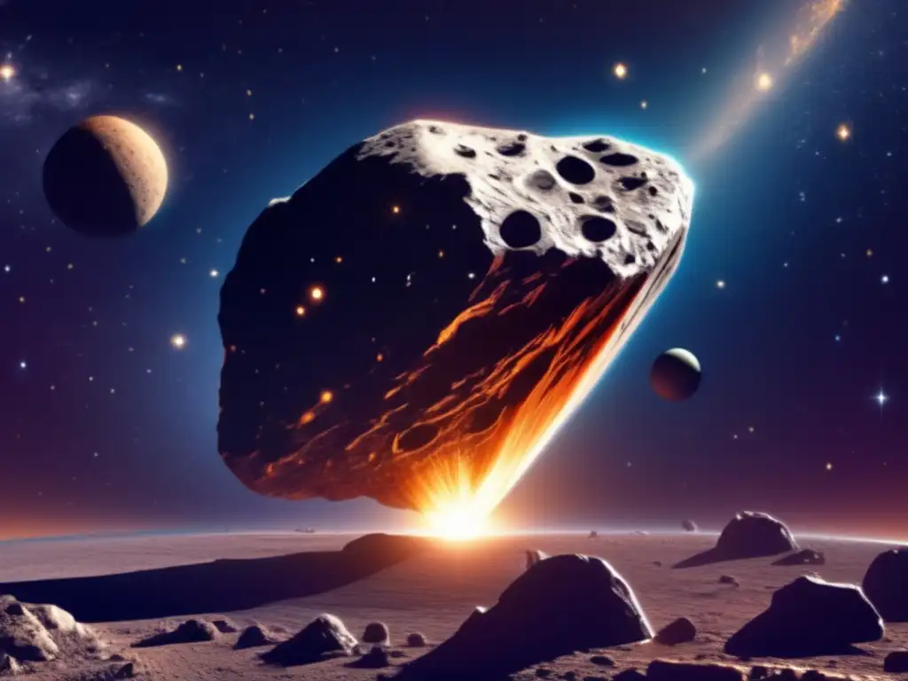 Dash-A large asteroid in photorealistic style, surrounded by stars and illuminated by spaceship lights, with detailed intricate textures visible