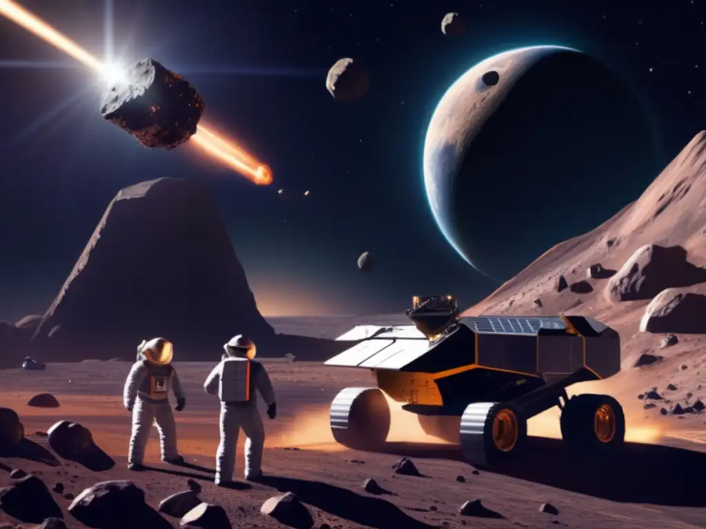 A photorealistic depiction of an asteroid mining operation in space, where a massive asteroid dominates the foreground