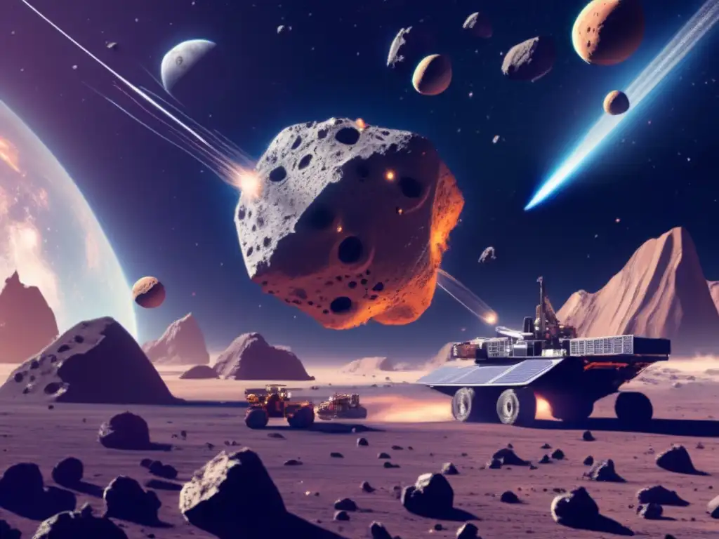 A hightech, futuristic depiction of asteroid mining in space