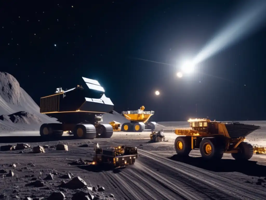 A vast, dark space with an asteroid mining operation underway in the background