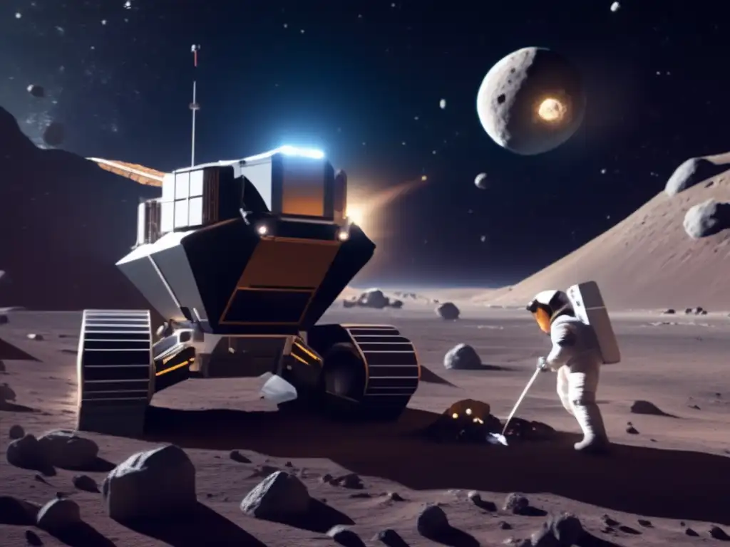 An asteroid mining operation in space, where brave crew members extract valuable resources like metals and water from the asteroid, using dangerous tools and equipment