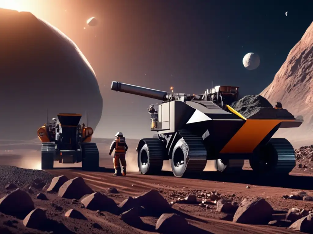 An impressive photorealistic depiction of an asteroid mining operation on a distant planet, where intricate machinery and equipment are seen prospecting for minerals, drilling, mining, and refining onsite, showcasing the precision and complexity of the operation