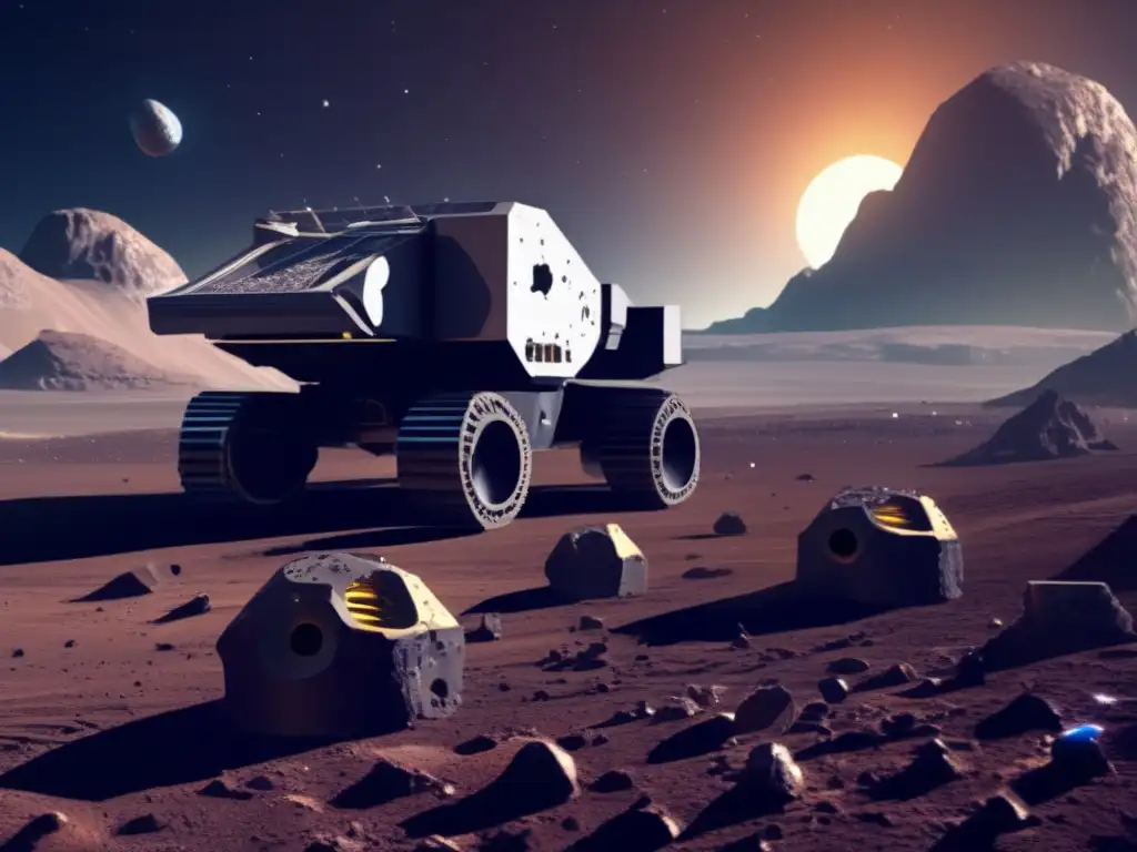 A photo-realistic depiction of an asteroid mining operation, with a cold and desolate landscape featuring few other asteroids in the distance