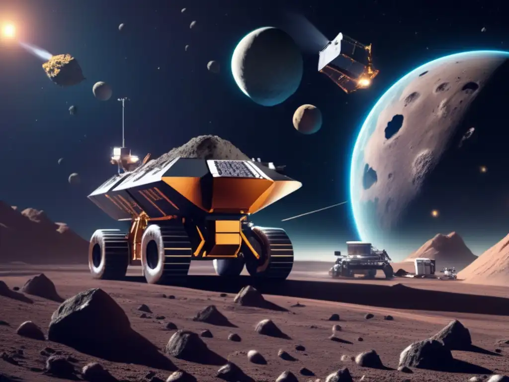 A photorealistic image of an asteroid mining operation in space, with risks and challenges clearly depicted