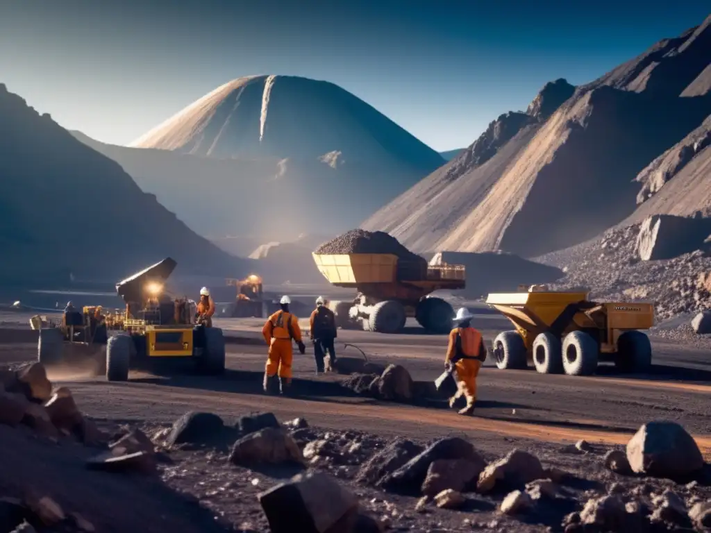 Early morning light casts eerie shadows as miners hard at work on asteroid mining operation, surrounded by towering mountains and rocky terrain