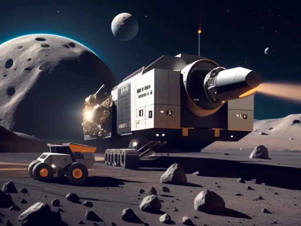 A mesmerizing photorealistic image captures an asteroid mining operation in space