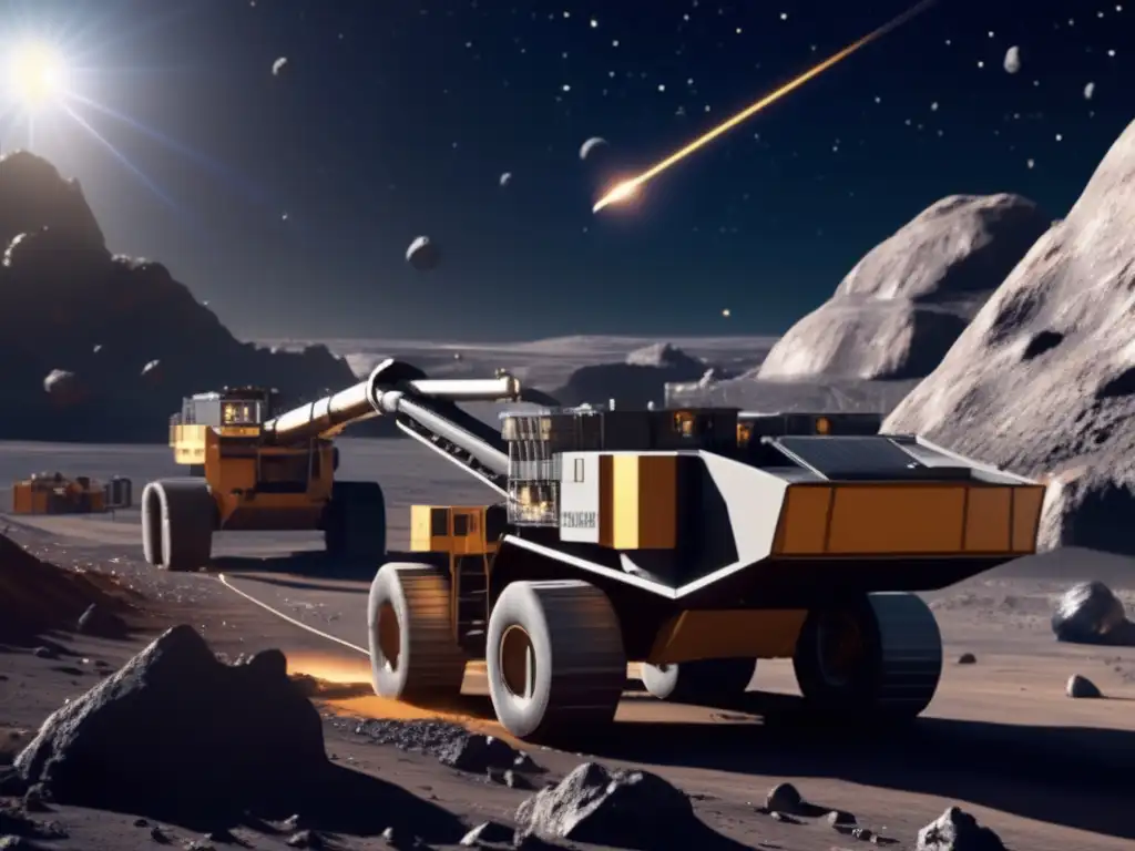 Photorealistic depiction of asteroid mining operation, with industrial machinery and workers harnessing resources