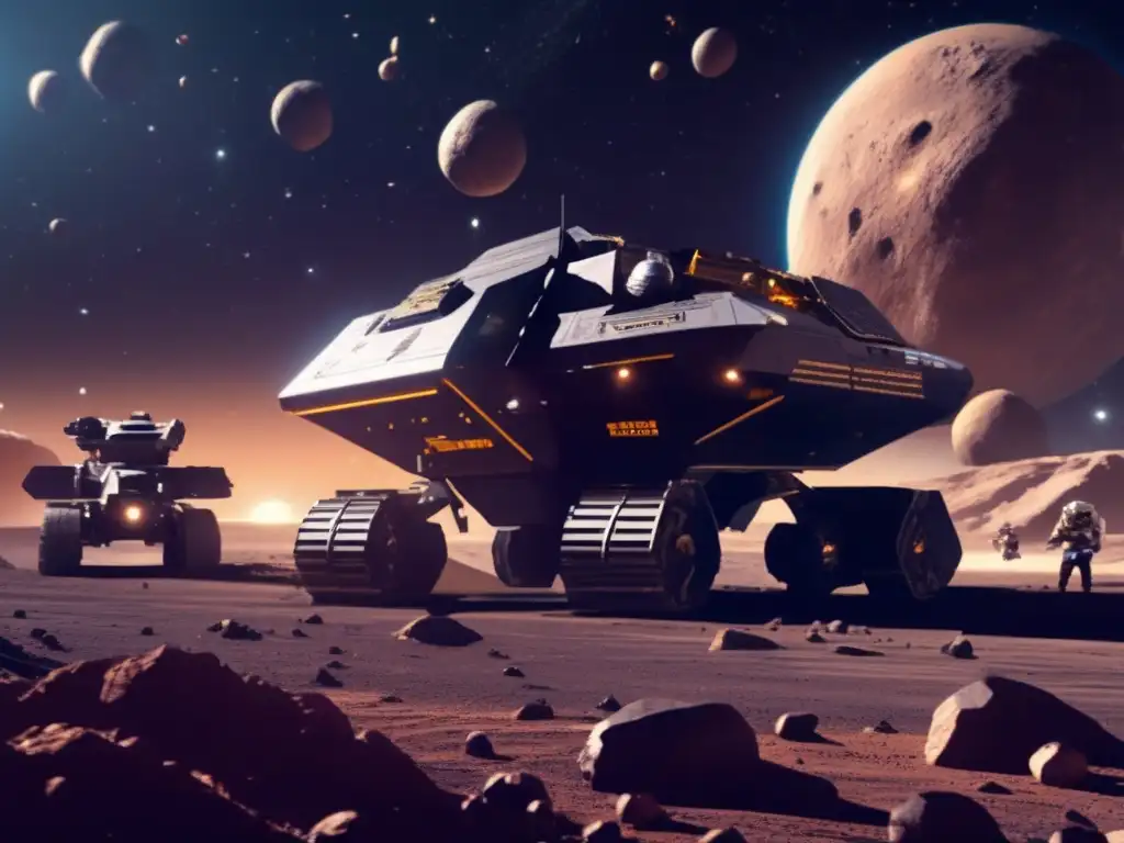 Photorealistic depiction of an asteroid mining outpost, with complex machinery, drills, and mining equipment visible in the foreground