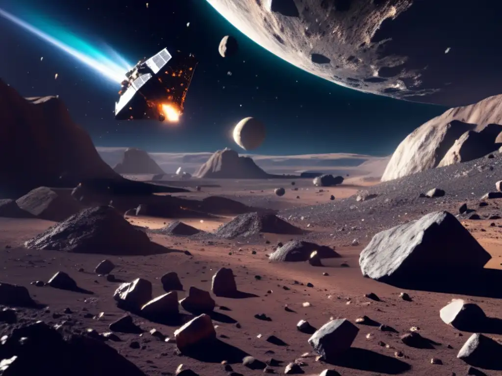 A stunning photorealistic image depicts a well-planned asteroid mining operation in progress