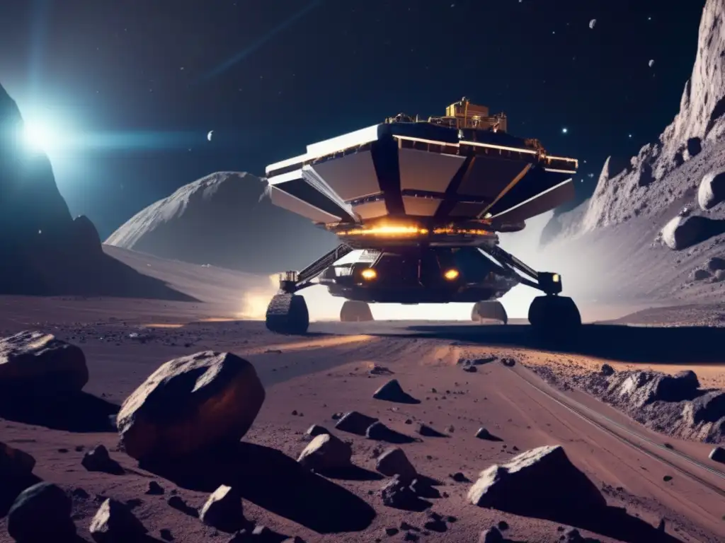 An awe-inspiring image captures the efficiency and innovation of space mining, as a platform floats above an asteroid and extracts valuable resources