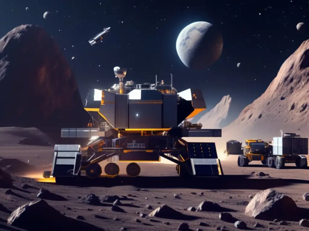 Mining in the vast unknown: A photorealistic image of an asteroid mining rig reaches out towards the treacherous unknown in a search for valuable materials from the rocky terrain