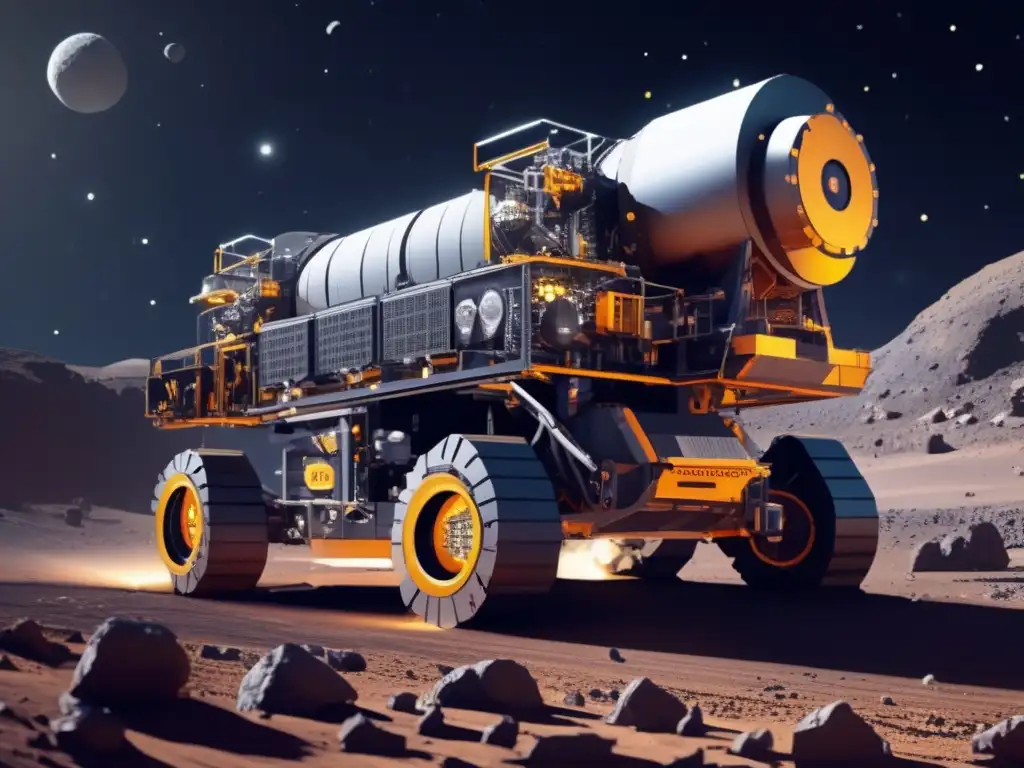A highly detailed mining rig extracts resources from asteroids, showcasing intricate components and machinery
