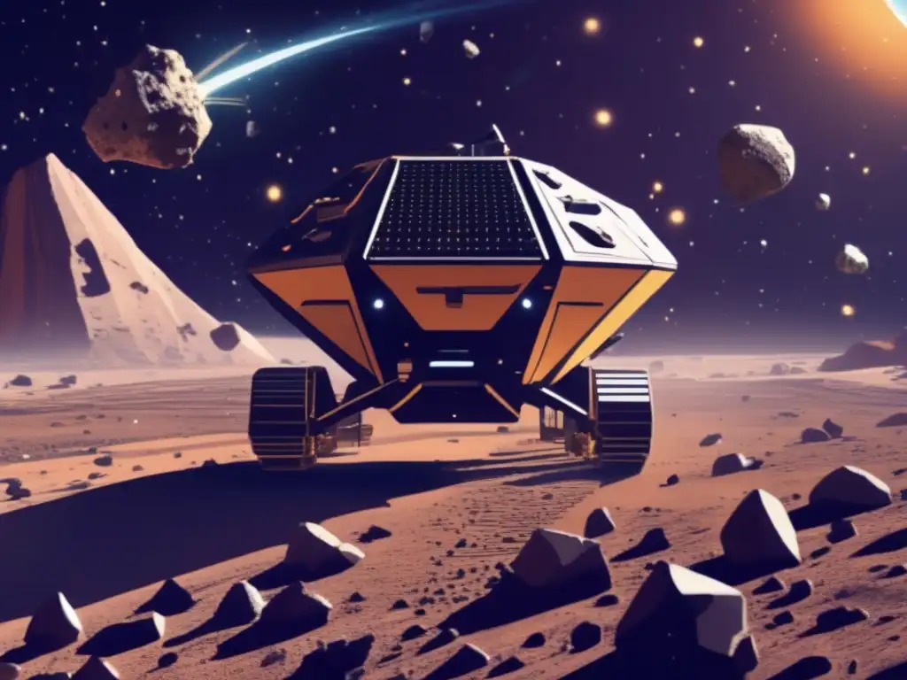 An epic depiction of an asteroid mining rig traversing through a sea of rocky asteroids, effectuously mining for valuables, set against a stunning backdrop of boundless space