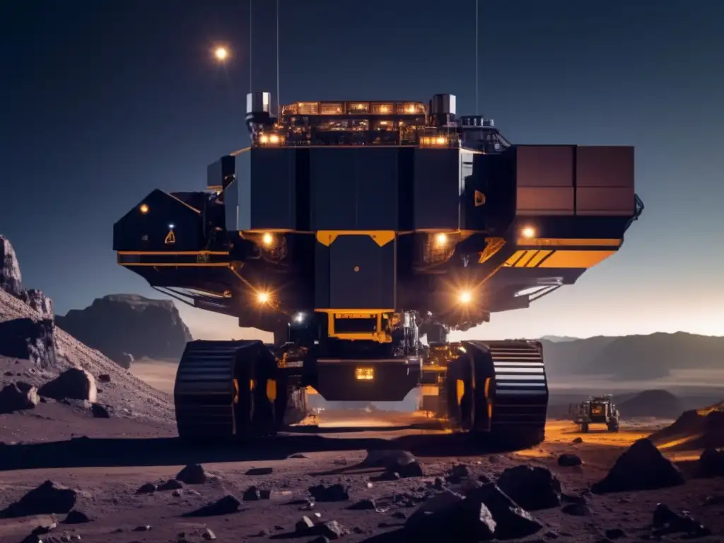 Asteroid mining rig in operation, with the asteroid casting long dark shadows across the landscape