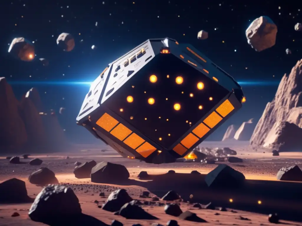 A stunning photorealistic image of an asteroid mining rig orbiting through space, surrounded by a breathtaking field of asteroids