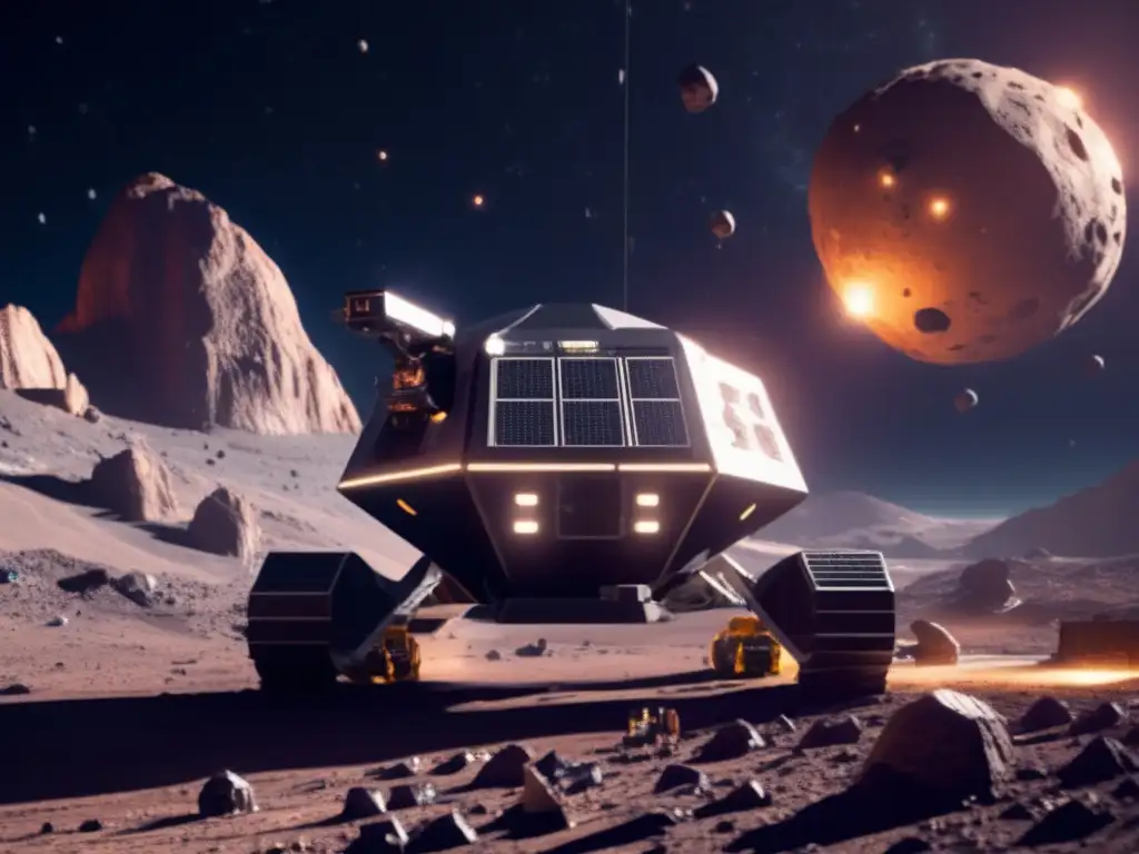 A stunning photorealistic depiction of a futuristic asteroid mining rig, hovers effortlessly around a celestial asteroid