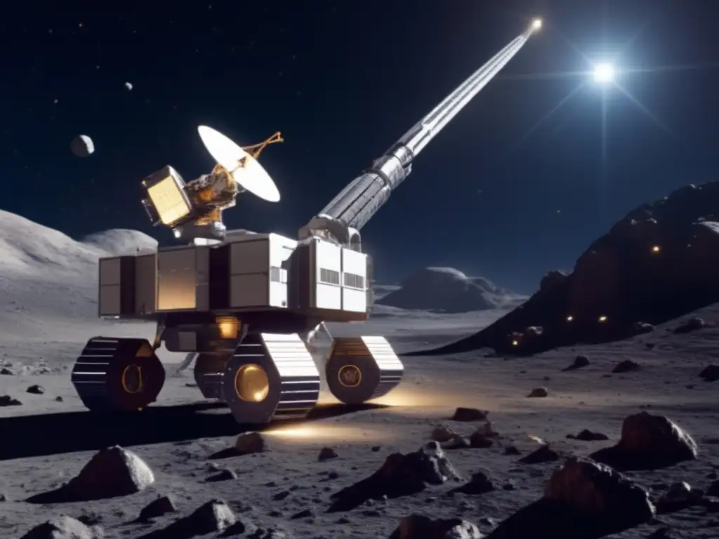 A highly detailed, photorealistic satellite robot arm is depicted in this image, about to collect supplies from an asteroid