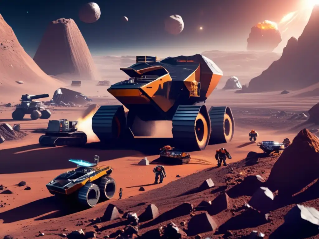 Photorealistic depiction of a space wasteland with asteroids hovering, mining equipment and robots bustling about