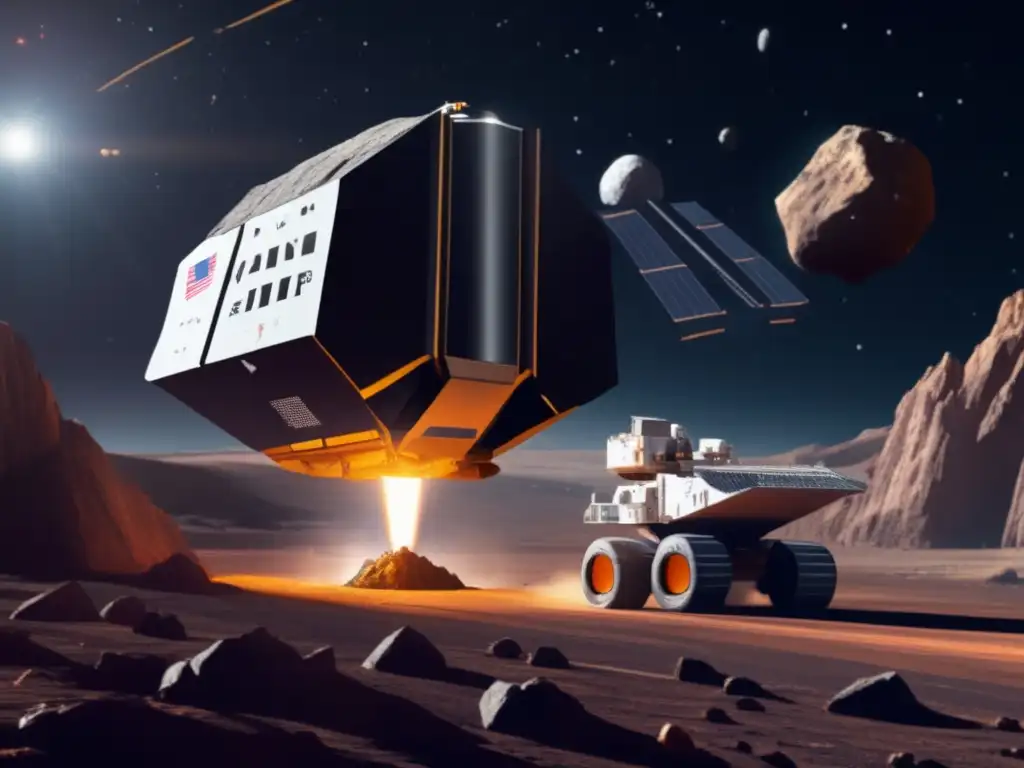 Photorealistic illustration of a spacecraft mining an asteroid with safety measures in place