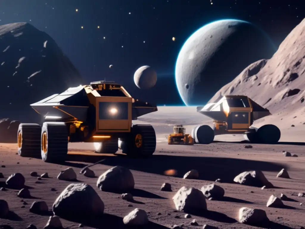 Dash - A photorealistic portrayal of an asteroid mining operation in space, showcasing the mining vessel, asteroid rocks, and surrounding environment