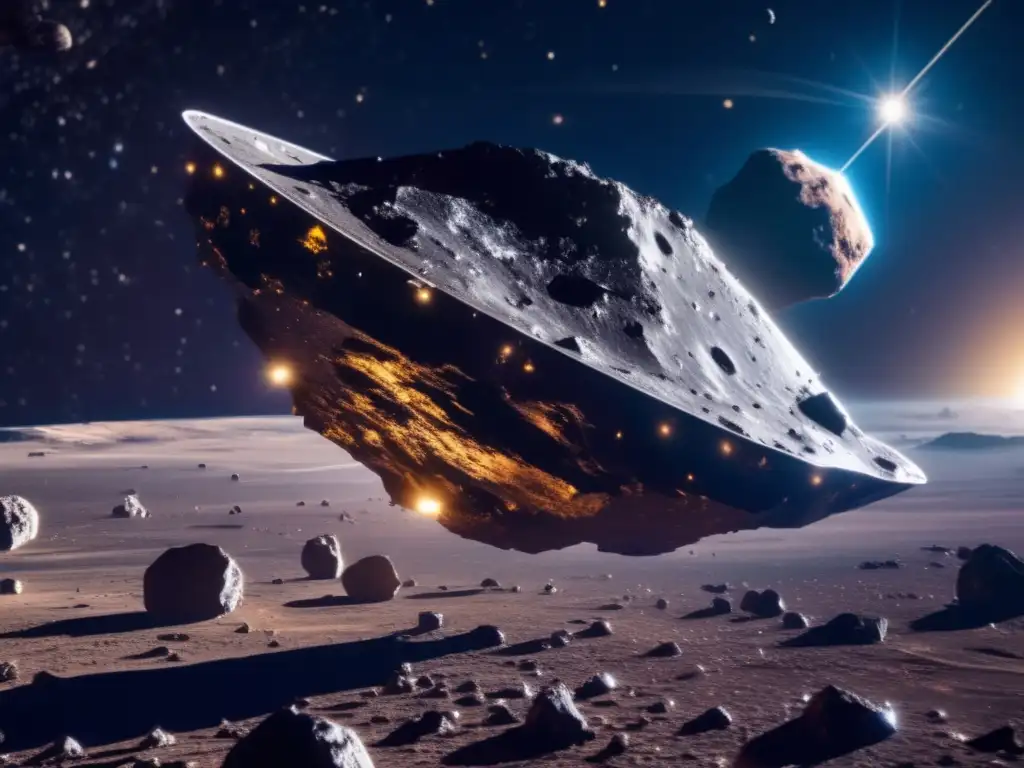 A sparkling asteroid mining ship journeys into the cosmos, collecting valuable resources with a glinting metal surface