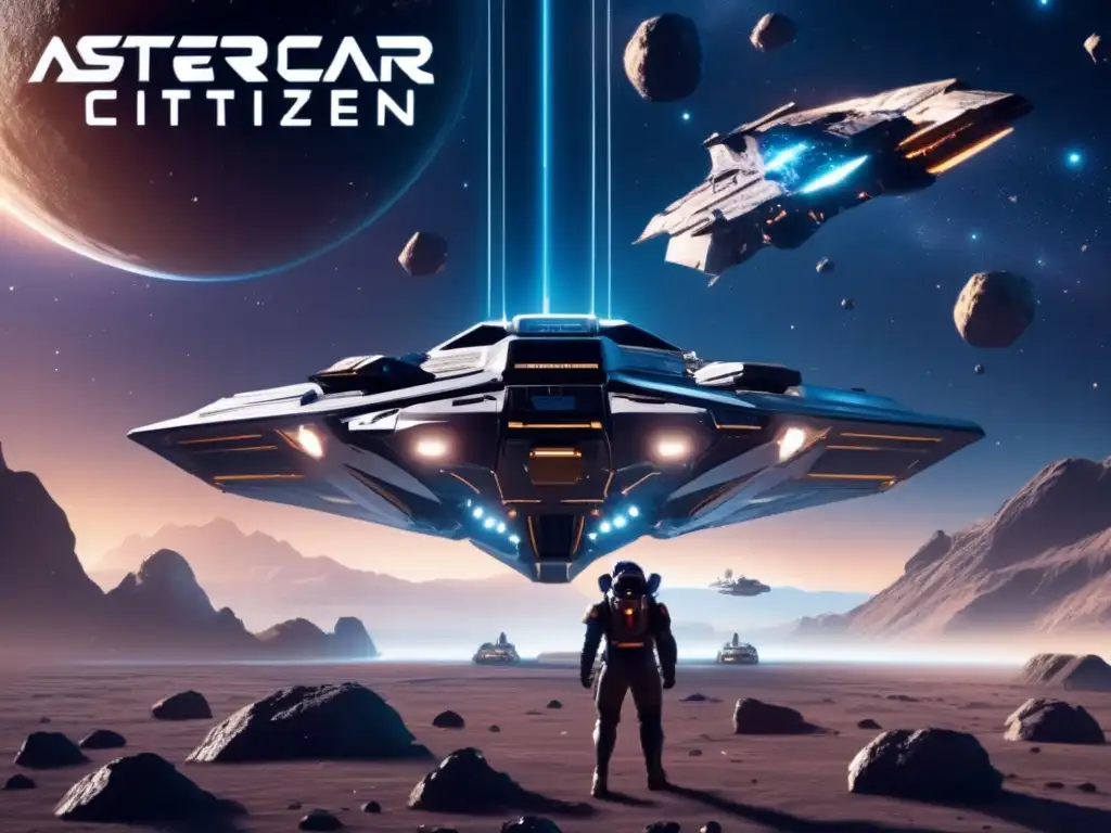 A Star Citizen asteroid mining ship exploring the cosmos, with the twinkling of asteroids and nebulae in the backdrop, the Star Citizen logo visible proudly atop the ship's hull, as if to say 'These mineral riches are mine for the taking!'