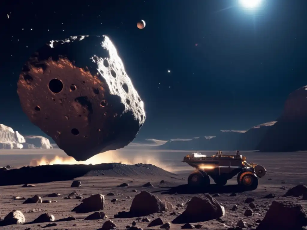 A colossal asteroid in the distance, its rocky surface illuminated by the harsh sunlight, as a determined spacecraft approaches with mining equipment