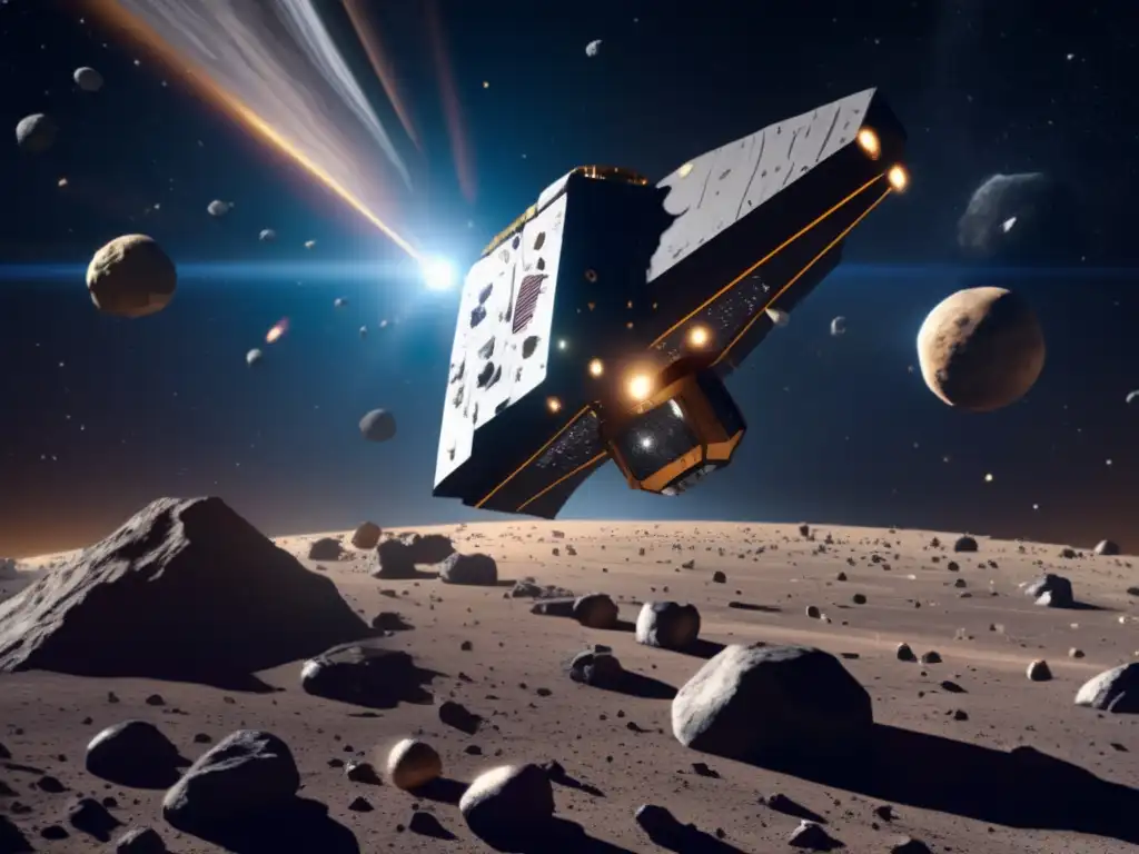 A photorealistic depiction of an asteroid mining spacecraft in a complex and dynamic asteroid field