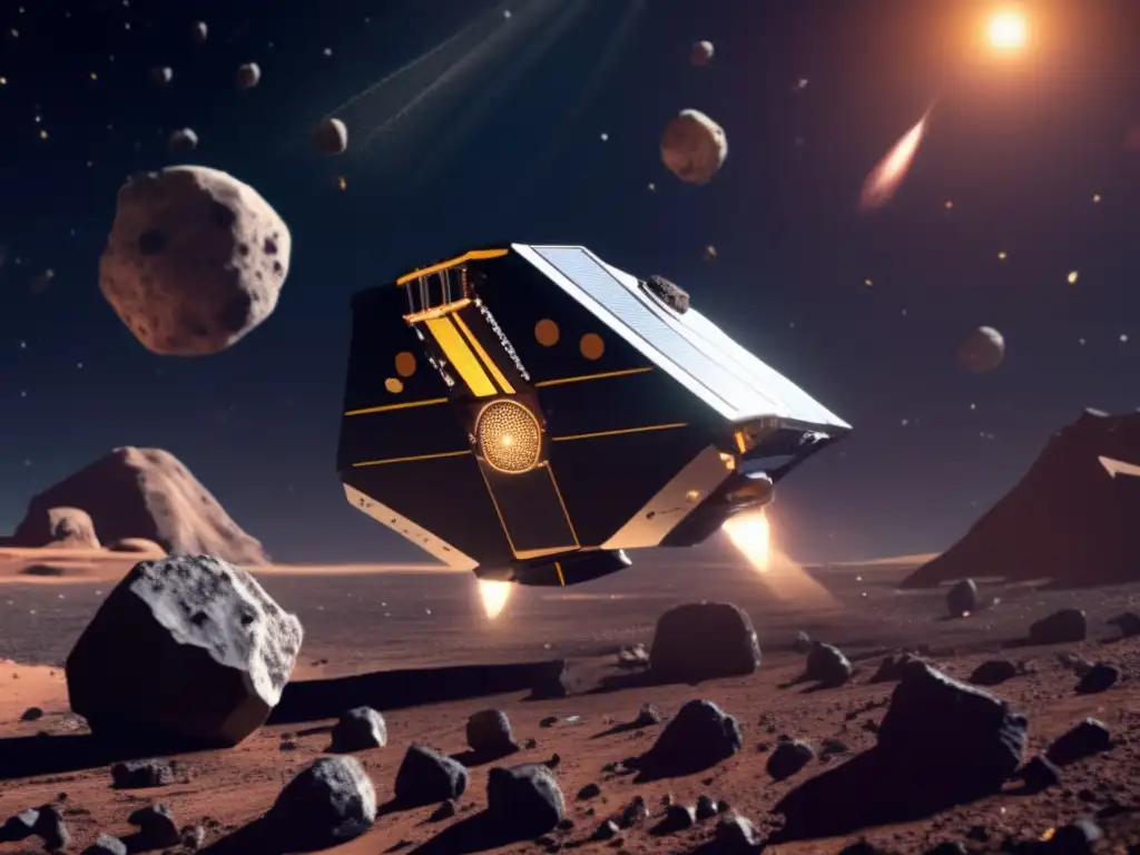 A photorealistic depiction of an asteroid mining spacecraft navigating through a dense field of asteroids