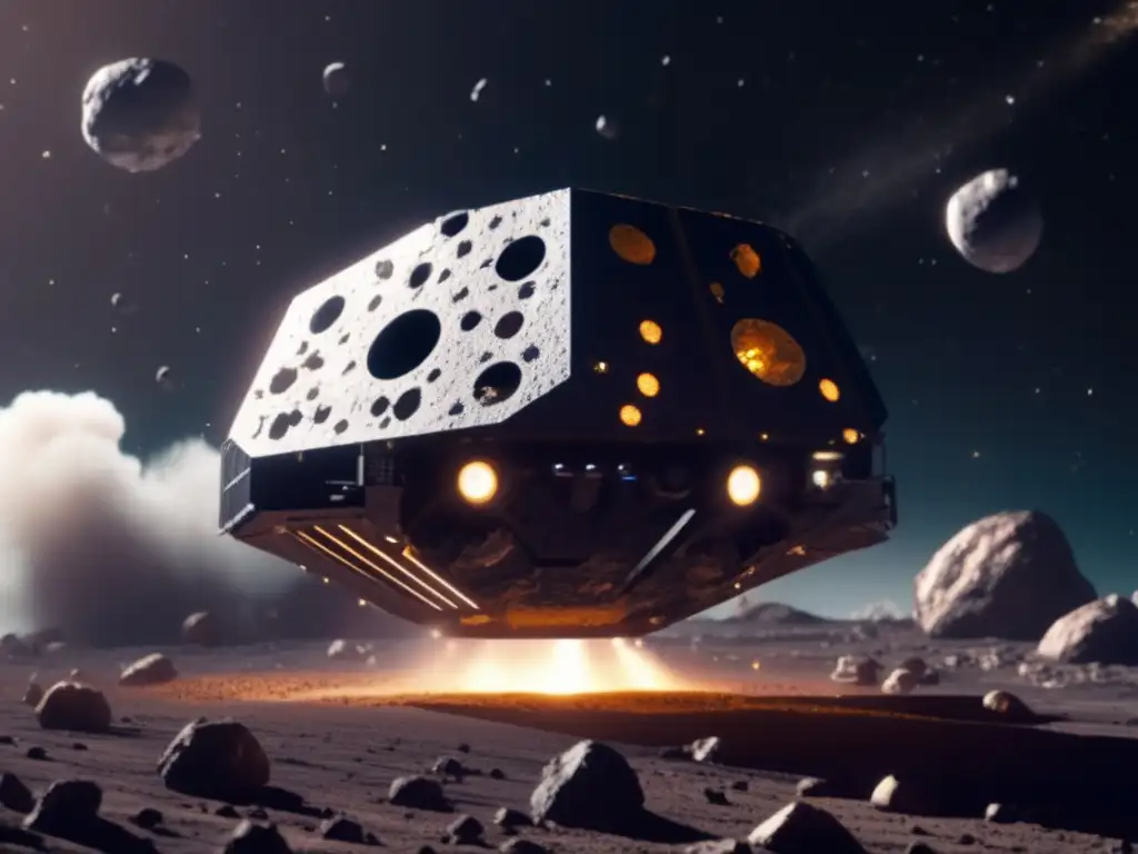 A photorealistic closeup depicts an asteroid mining spacecraft in orbit, braving the harsh conditions and dusty environment of asteroids