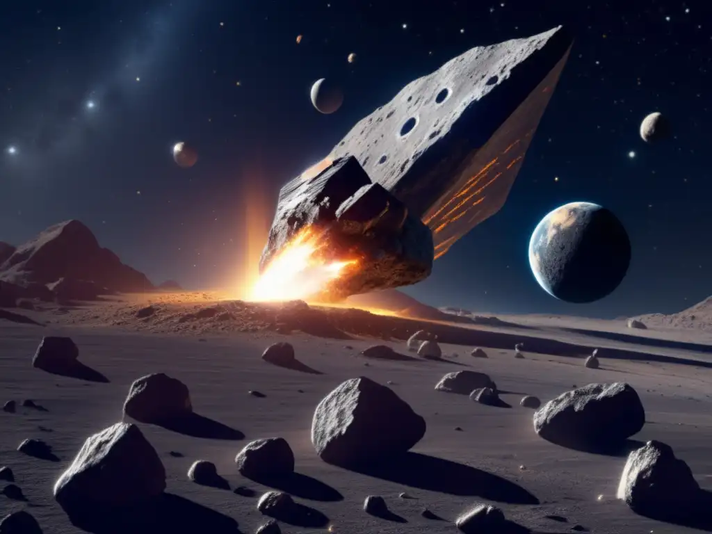 A captivating photorealistic image of an asteroid mining spacecraft extracting valuable resources from an asteroid in outer space
