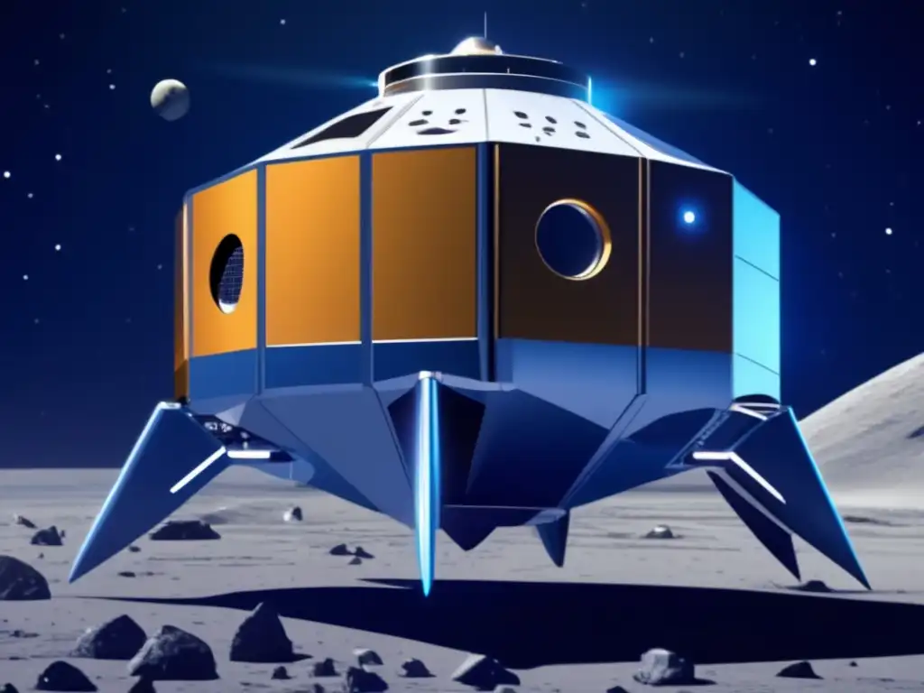 A futuristic spacecraft designed for asteroid mining missions, gleaming in metallic blue, with drills pointed towards the asteroid