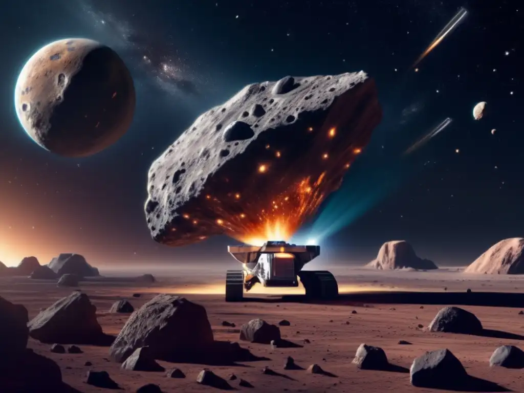 A photorealistic image of an asteroid mining spacecraft skillfully extracting resources from an asteroid, surrounded by a beautiful and serene space background, sparking curiosity and wonder about the potential applications of asteroid resources in space exploration