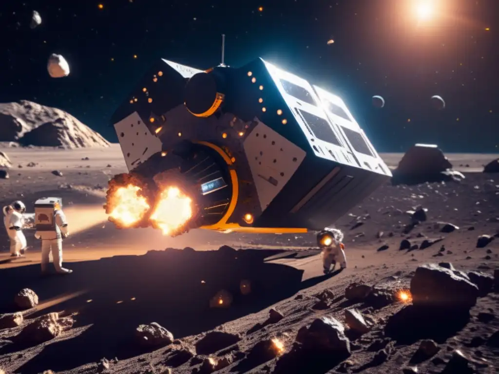 The image depicts a sophisticated asteroid mining spacecraft in action, surrounded by a mesmerizing field of dusty, rocky asteroids