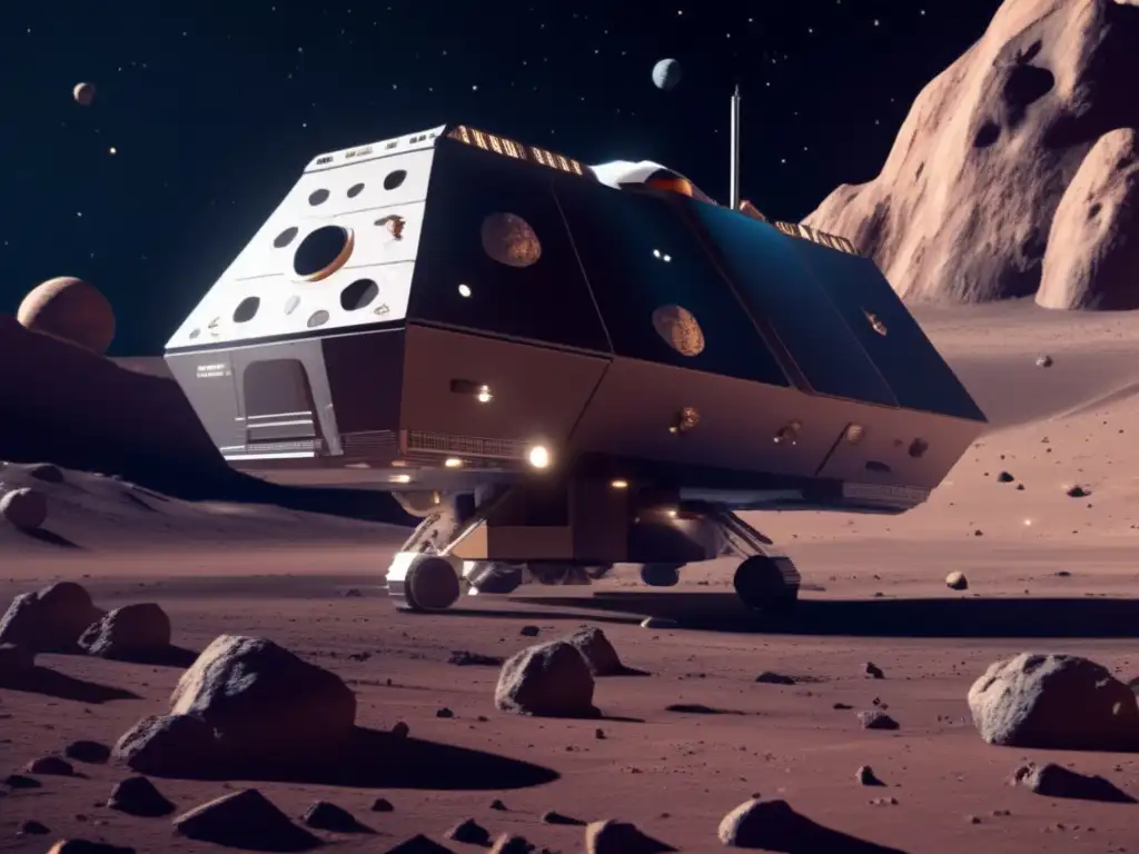 An asteroid mining spacecraft docked at a barren asteroid's surface, with intricate shafts and craters visible