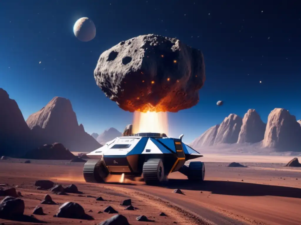 A photorealistic image of a sleek asteroid mining spacecraft hovering in front of a towering asteroid