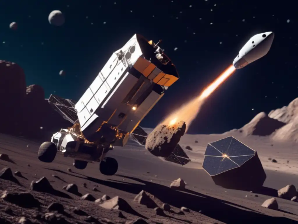 A dramatic photorealistic image of an asteroid mining spacecraft in action, orbiting around a mysterious asteroid surrounded by cryptic inscriptions