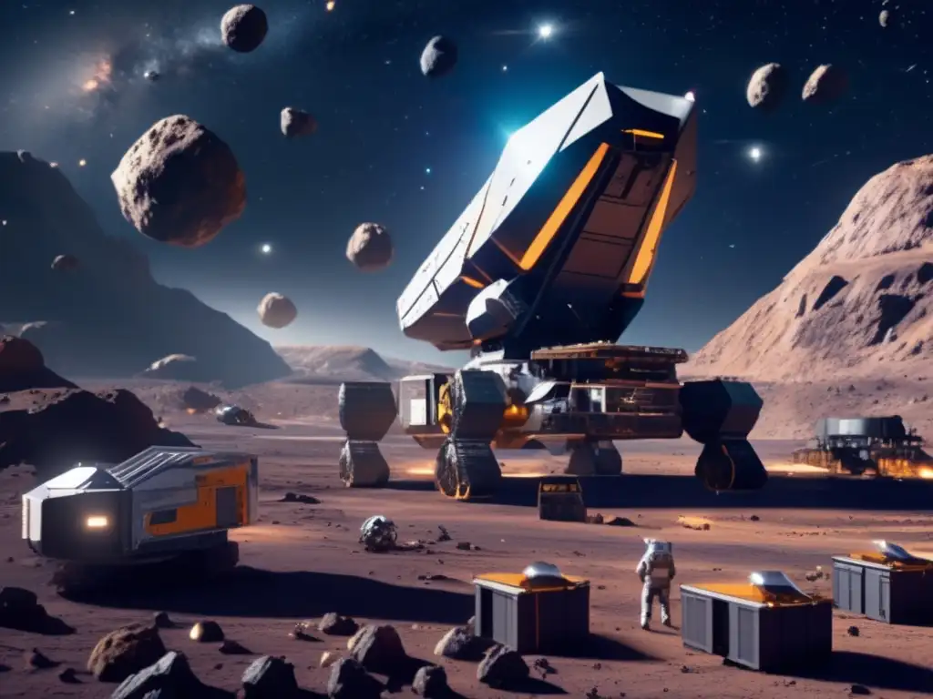 Dash - In the vast expanse of space, an asteroid mining facility stands tall, bustling with activity as spacecrafts and mining equipment gather valuable resources from the rocky surface