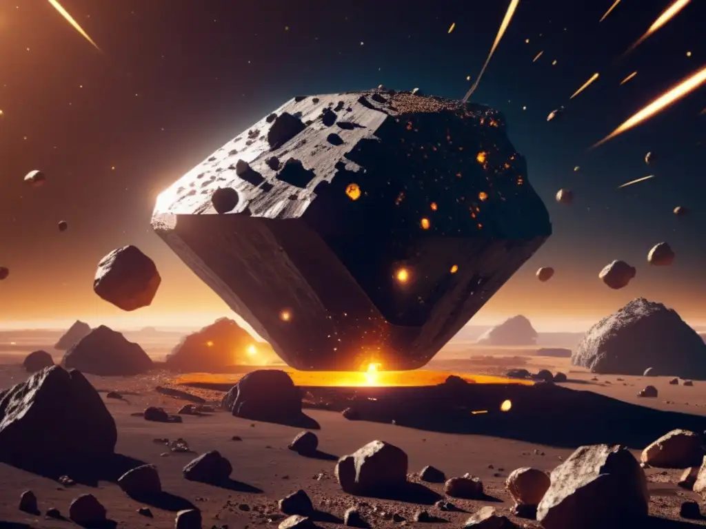 A photorealistic depiction of an asteroid mining ship dwarfed by the rich and enticing asteroid field
