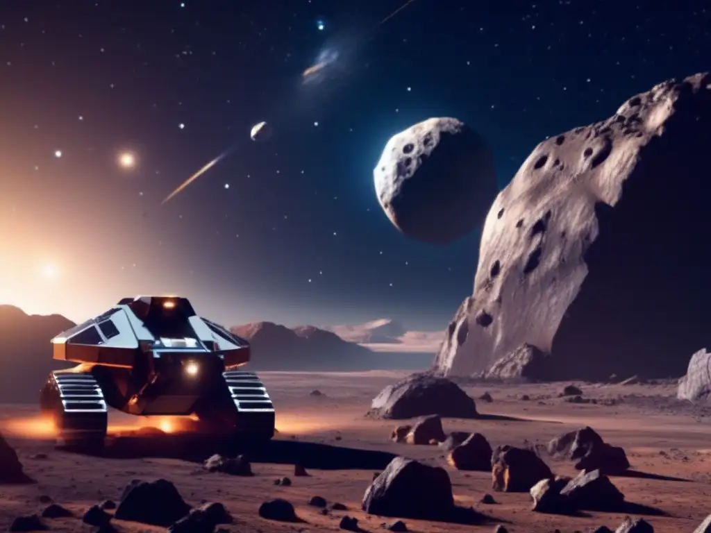 A photorealistic image of a spaceship meticulously mining an asteroid, with the breathtaking cosmos as its illustrious backdrop