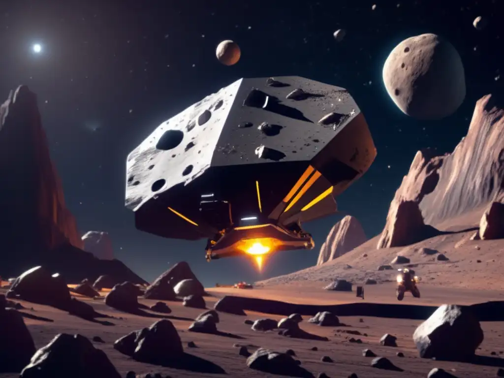 Dash - A high-resolution photorealistic image of a spaceship mining an asteroid, with intricate equipment visible on board