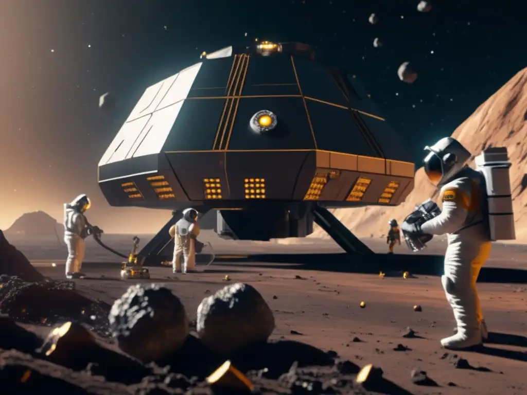 A photorealistic portrayal of an asteroid mining space station, with workers in protective suits mining for resources such as gold, platinum, and rare earth metals